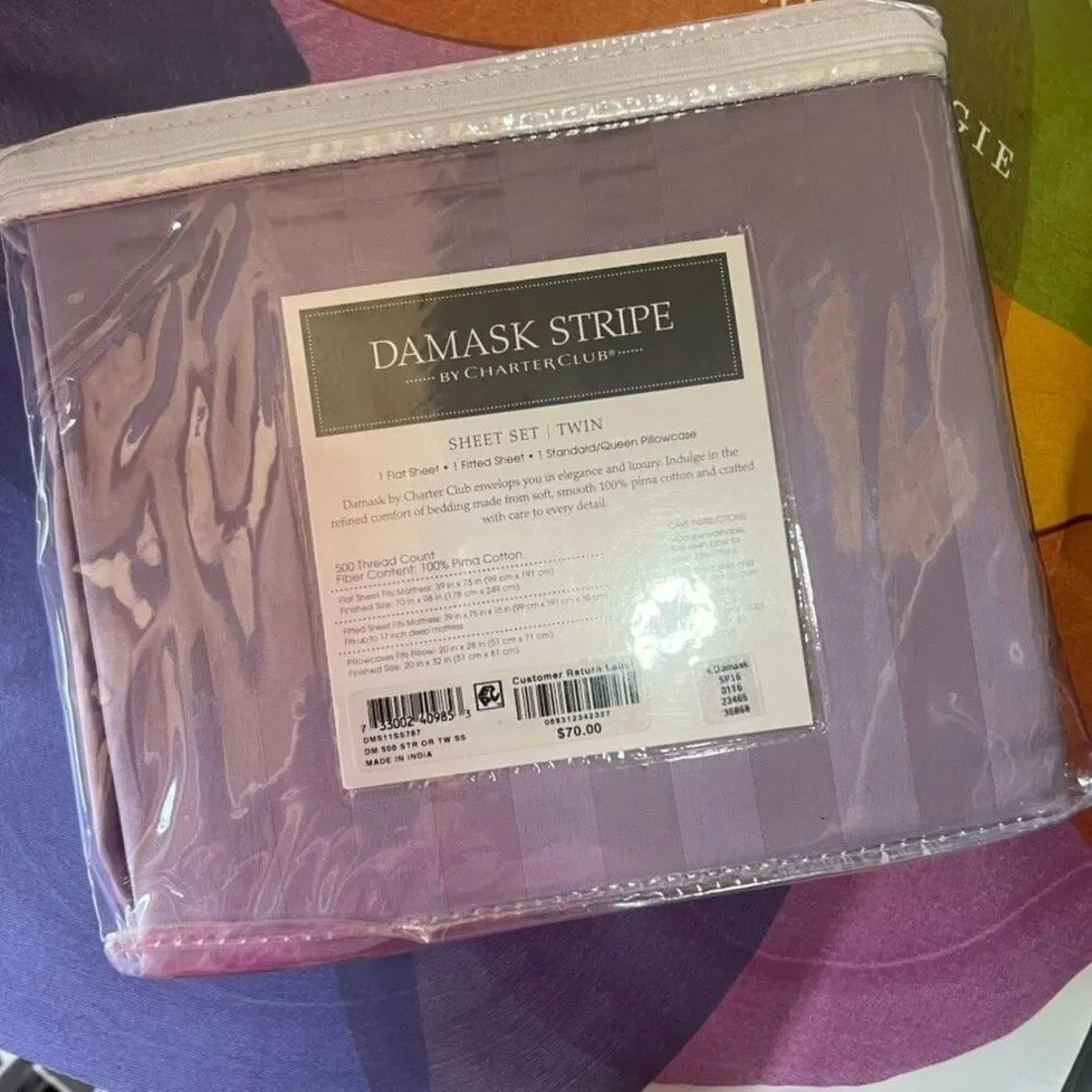 Charter Club 500 Thread Count Damask Stripe Twin Sheet Set Purple NEW!